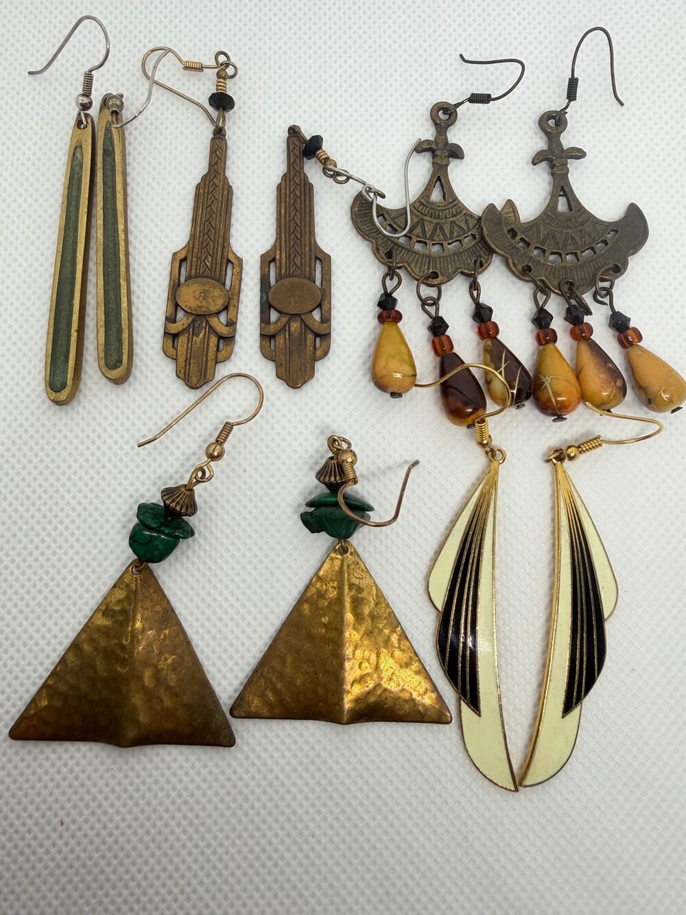 Vintage Earrings brass art deco flapper chandelier bohemian white enamel 5 pairs